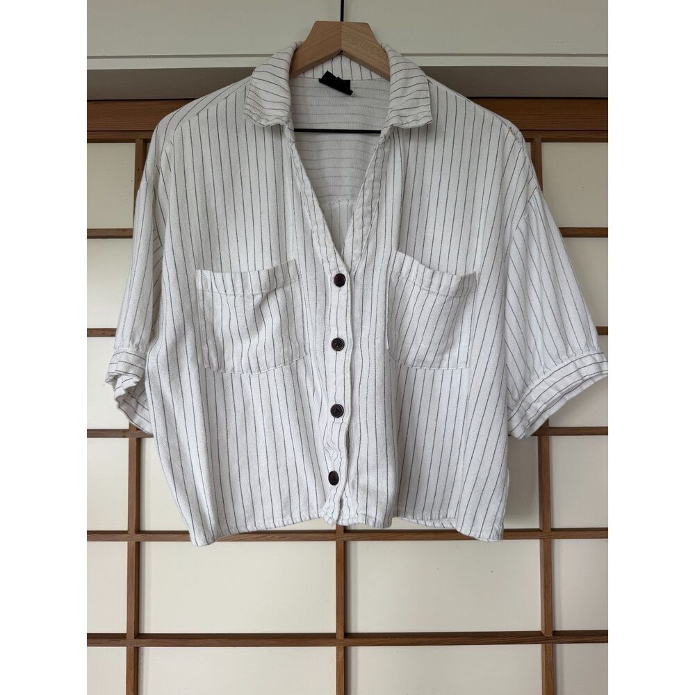 Bobeau Linen Blend Striped Button Front Shirt Large Boxy Short Sleeve Pockets